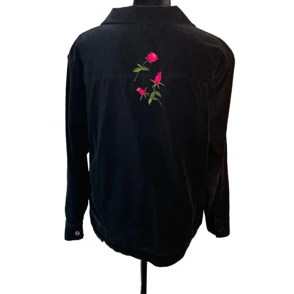 Quacker Factory Medium Rhinestone Rose Embroidered Black Velvet Shacket Top VTG - Picture 3 of 11